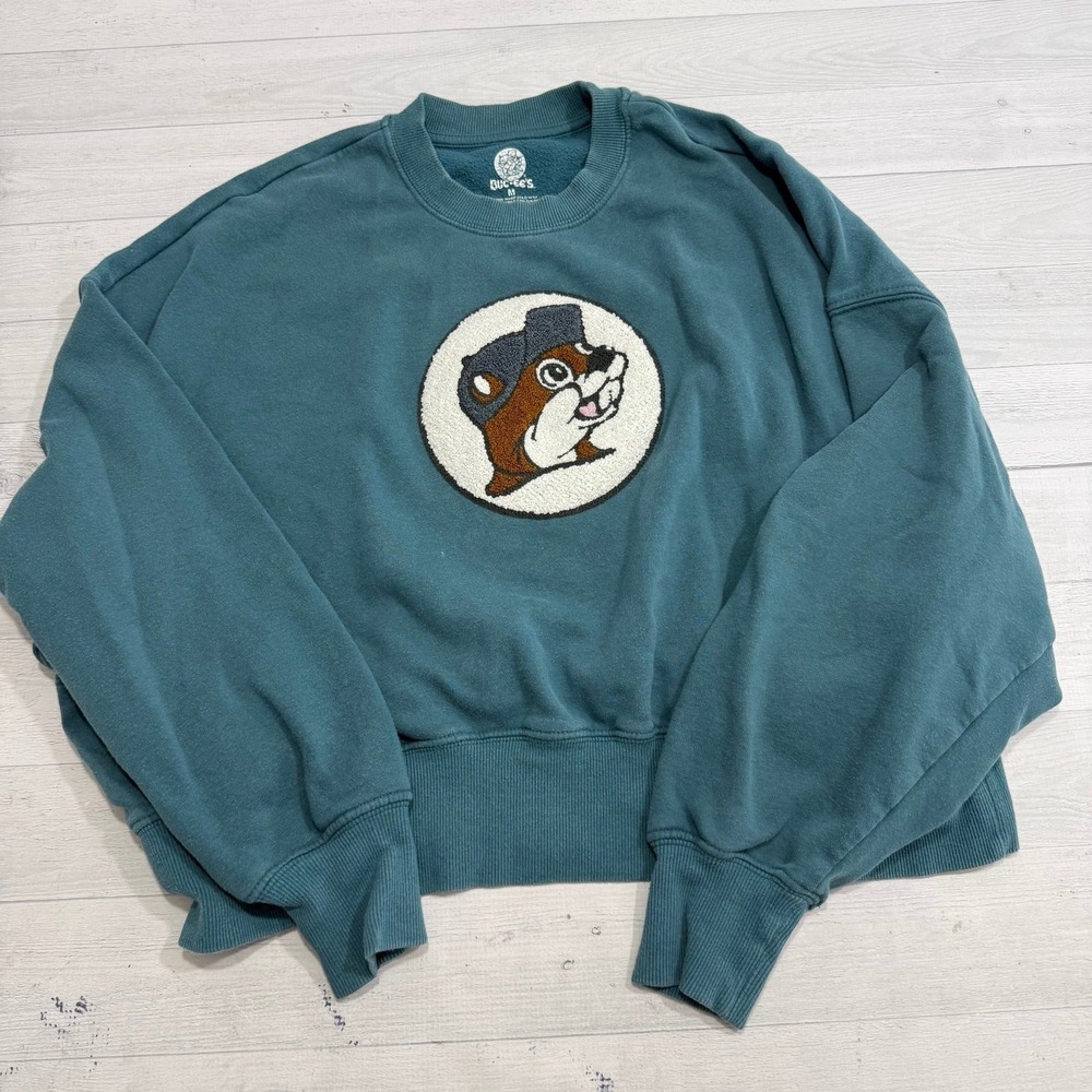 Buc-ee's Pullover Sweatshirt Teal Embroidered Crew Neck Women's Size medium